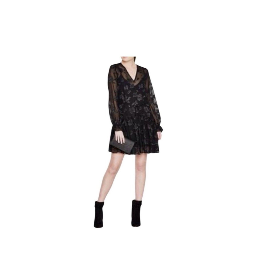 All Saints Alia Black Gold Flora Long Ruffle Sleeve Sheer Dress Women Sz XS